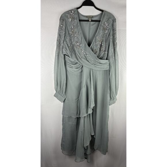 ASOS Maxi Dress Size 14 Blue Beaded Floral Chiffon Sleeve Party Wedding Gorgeous - Picture 1 of 5